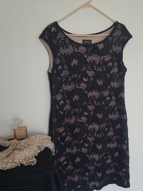 Connected Apparel Floral Lace Sheath Dress – Black Lace Over Nude – Like New